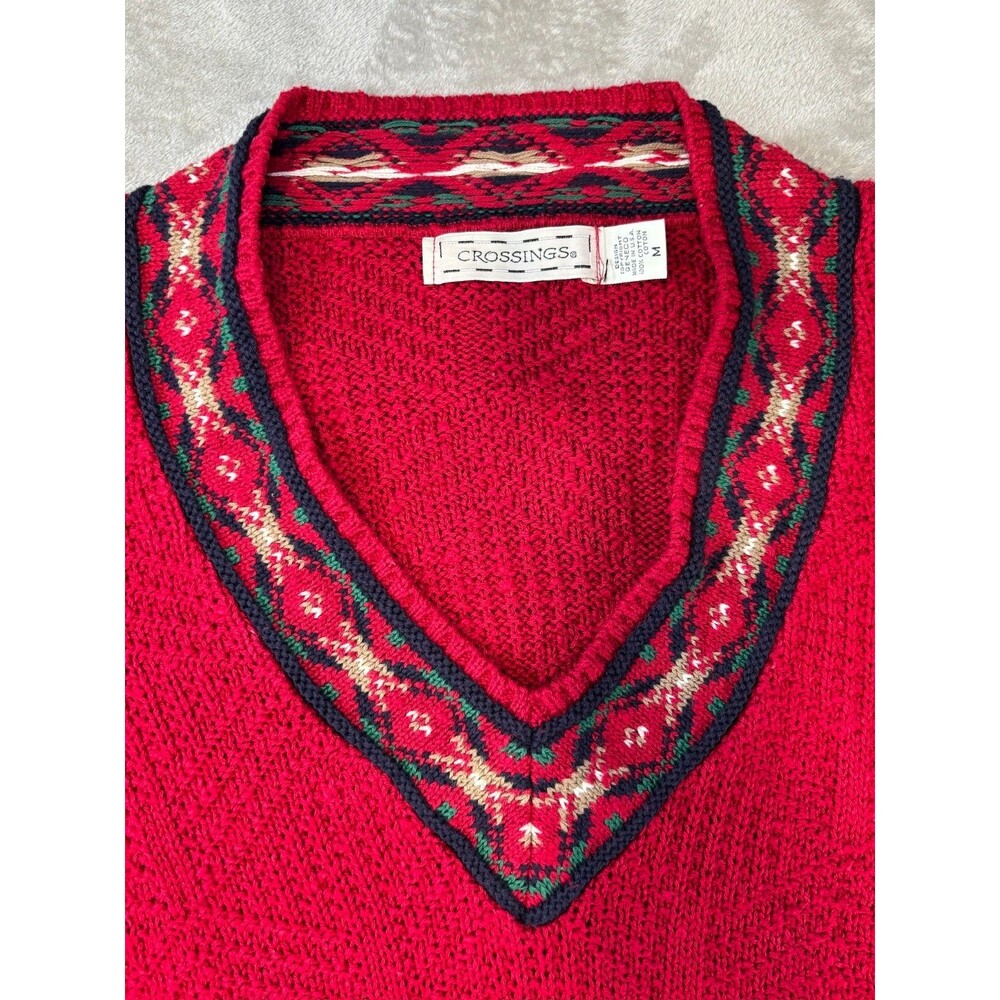Vintage Crossings Sweater Women’s M Red Fair Isle Nordic Knit Made USA Cotton